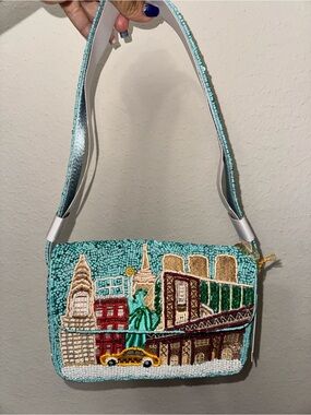 Beaded Turquoise Cityscape Crossbody Bag